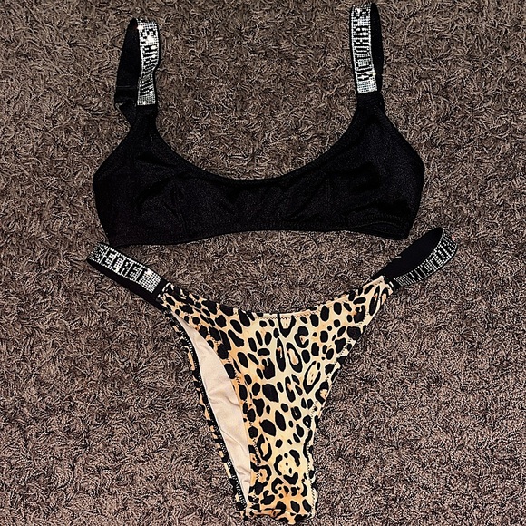 victoria’s secret black and cheetah print bling strap bikini set - Picture 1 of 4